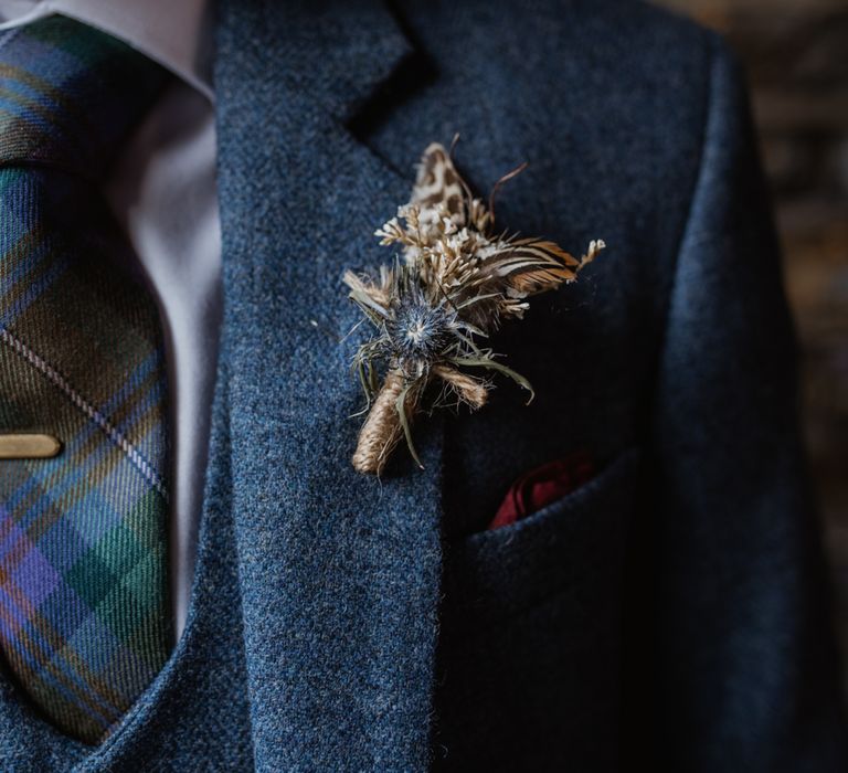 Dried Flower Buttonhole For Groom // Christmas London Fields Brewery Wedding With Bride In Bespoke Dress By Katrine Mikklesen And Images From Taylor Hughes Photography