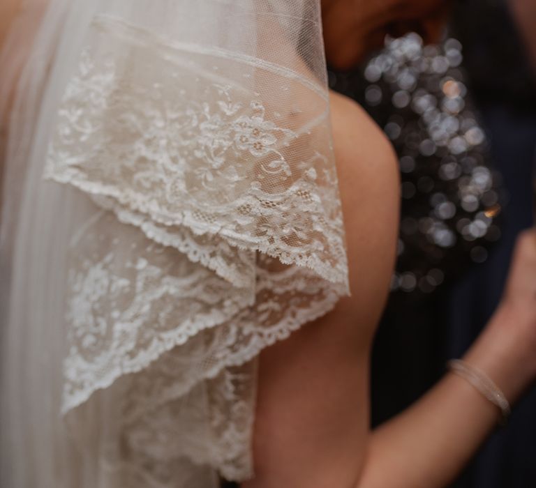 Lace Edged Veil For Bride // Christmas London Fields Brewery Wedding With Bride In Bespoke Dress By Katrine Mikklesen And Images From Taylor Hughes Photography