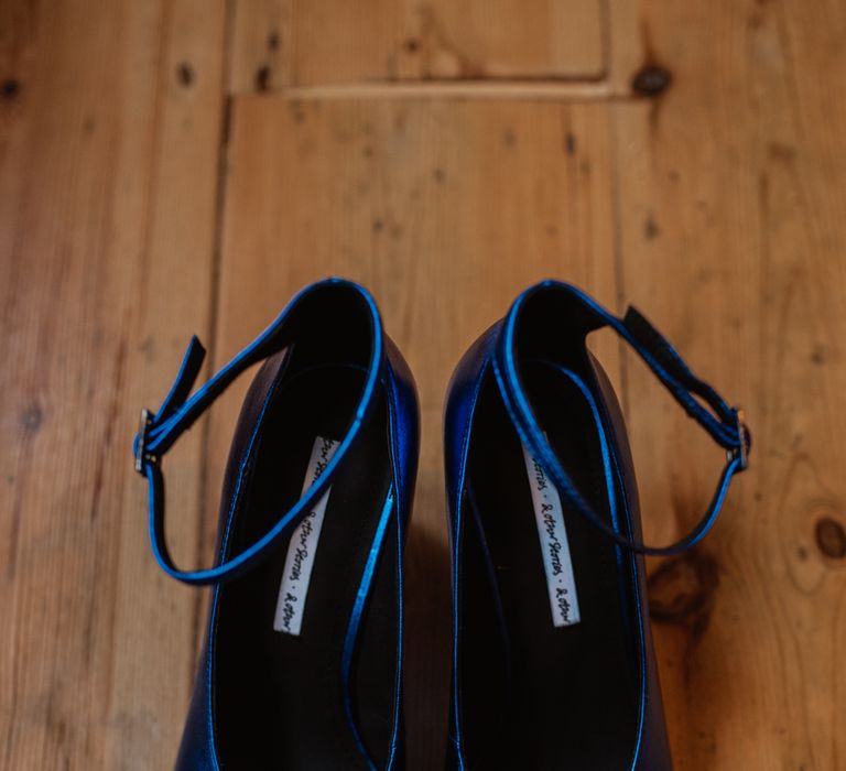 'Something Blue' Wedding Shoes For Bride // Christmas London Fields Brewery Wedding With Bride In Bespoke Dress By Katrine Mikklesen And Images From Taylor Hughes Photography