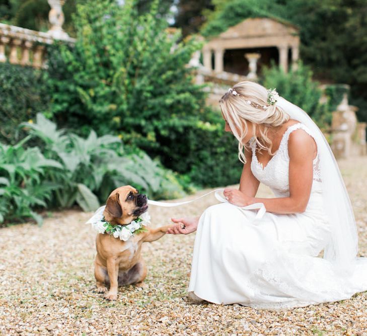 Bride in St Patrick La Sposa Wedding Dress with Her Pet Pug in a Floral Collar