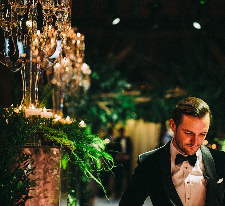 Groom at the Altar in Tuxedo | Botanical Black Tie Wedding at Rivington Hall Barn with Acrylic Candelabras &amp; Louis Ghost Chairs | Lawson Photography | Ever After Videos