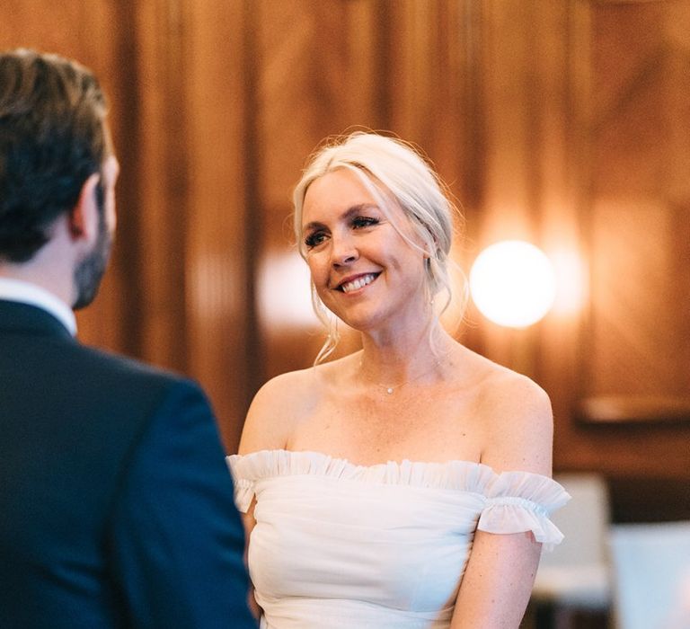 Bride in off the shoulder tulle wedding dress