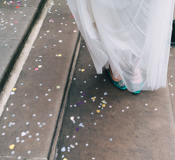 Green satin wedding shoes with jewel detail