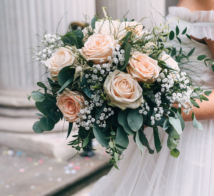 blush pink roses and gypsophila wedding bouquet