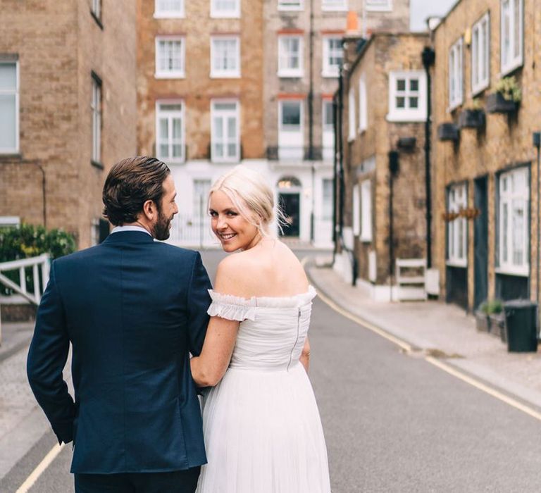 Bride in tulle, off the shoulder, high street, wedding dress