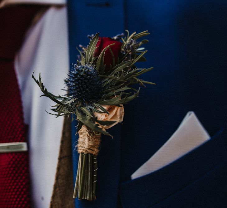 Thistle Buttonhole For Groom // Glamorous Iscoyd Park Wedding With Burgundy, Navy And Ivory Colour Scheme With Artistic And Alternative Images From Carla Blain Photography