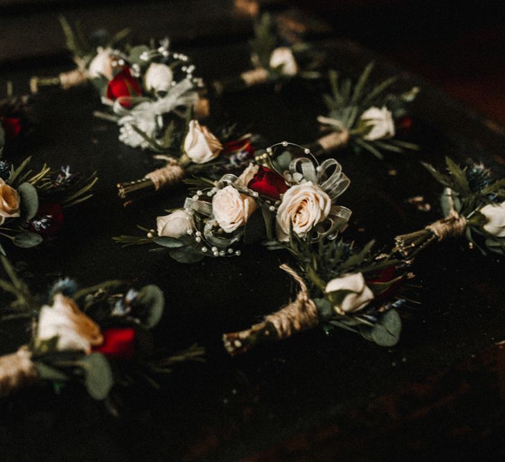 Buttonholes For Wedding // Glamorous Iscoyd Park Wedding With Burgundy, Navy And Ivory Colour Scheme With Artistic And Alternative Images From Carla Blain Photography