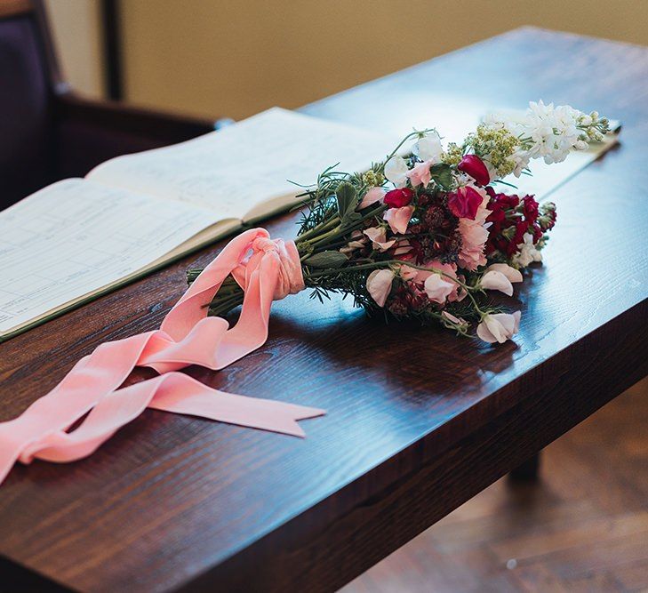 Beautiful Homemade Wedding Bouquet With Pink Ribbon