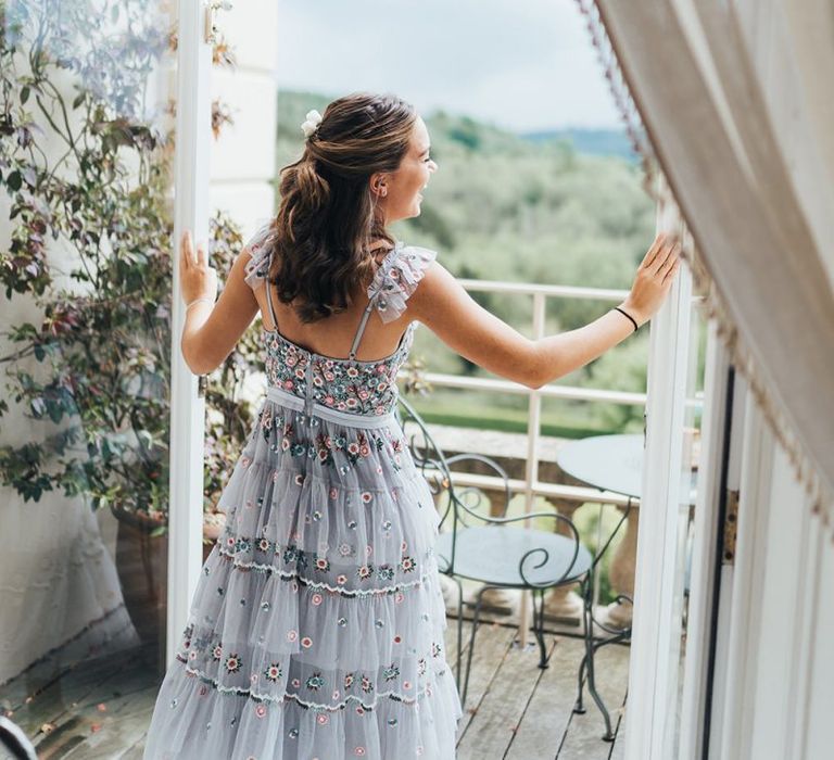 Bridesmaid in Powder Blue Needle and Thread Tea Length Dress with Embroidered Detail Opening the Window