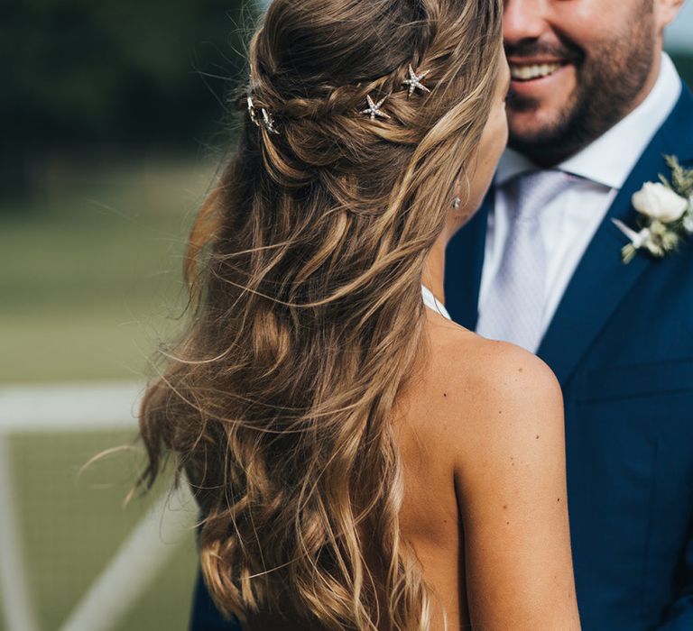 Wavy Half Up Half Down Wedding Hairstyle with Tilly Thomas Lux Hair Accessories