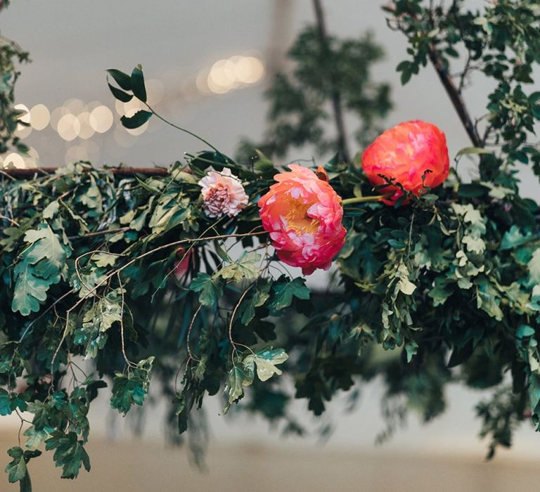 Pink Peony and Foliage Hanging Chandelier