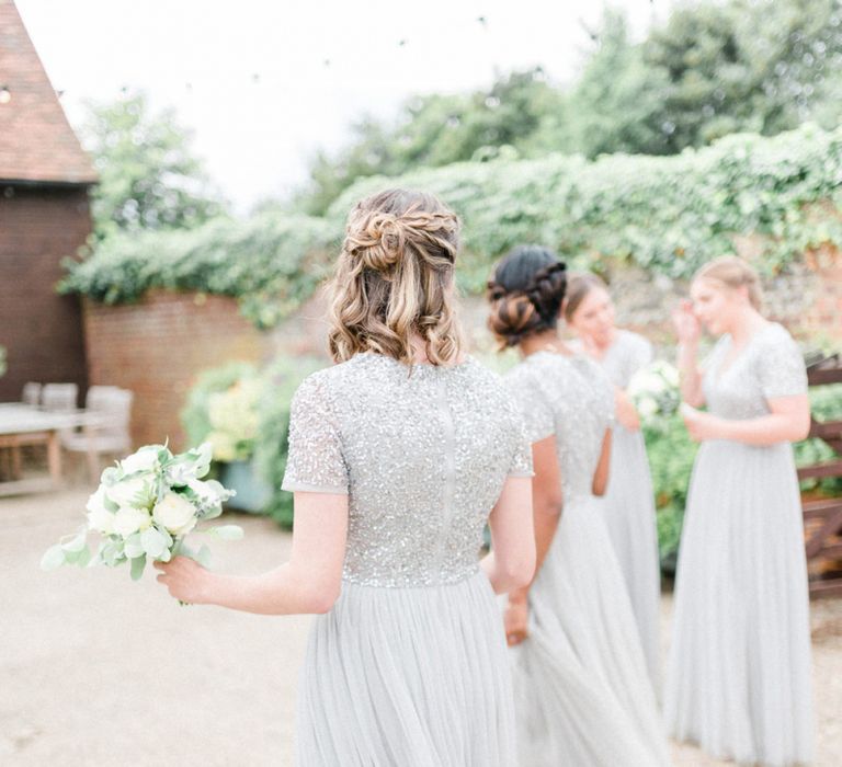 Bridesmaid in Grey Sequin and Tulle MAYA Dress with Half up Half Down Hairstyle