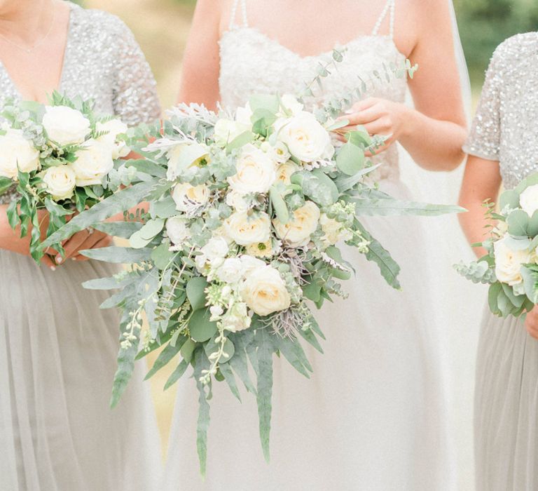 White and Green Wedding Bouquet with Roses, Stocks and Eucalyptus