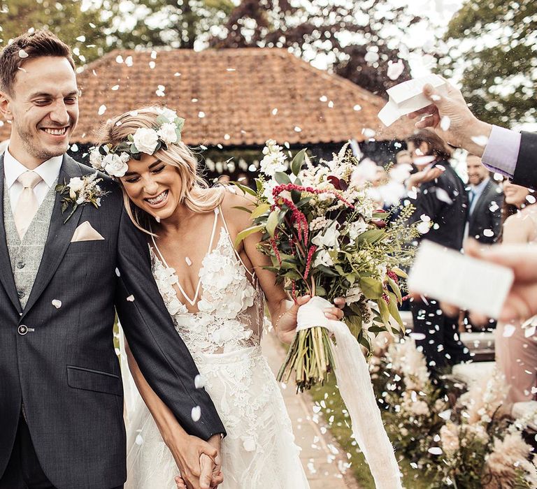 Bride and Groom Confetti Exit With Flower Crown