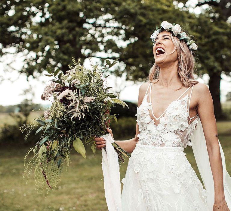 Riki Dalal Wedding Dress With Bridal Bouquet and Flower Crown