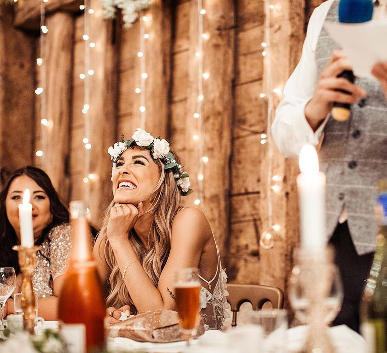 Groom Makes Speech As Bride Looks On Wearing Flower Crown