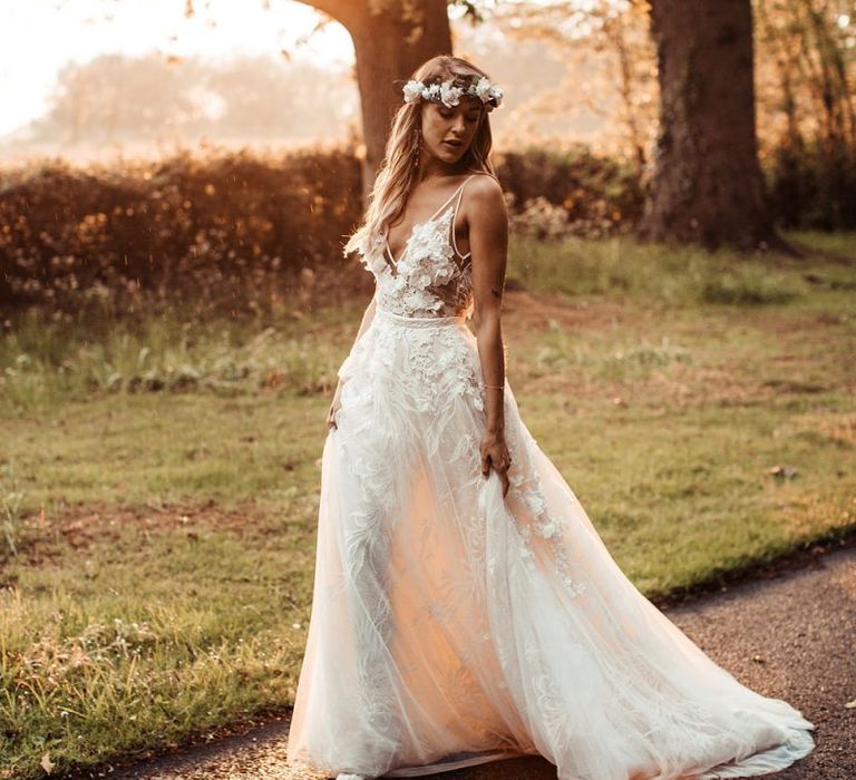 Bride Wears Flower Crown And Flower Applique Wedding Dress