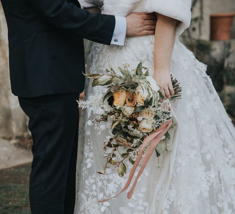 Beautiful Wedding Bouquet For Bride In Neutrals with Ribbon