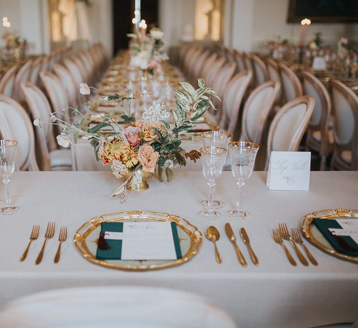 Table Place Setting For Winter Wedding With Gold Detail