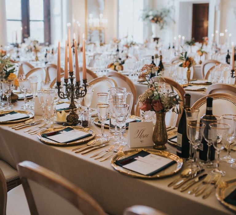 Candle Lit Wedding Table Decor With Gold Detail at Oxfordshire Wedding Venue