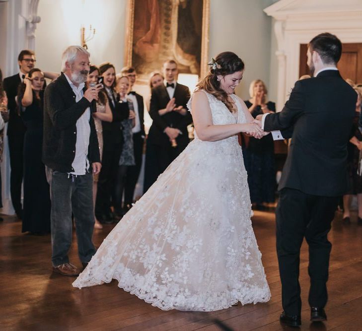 Bride and Groom First Dance During Ceilidh at Kirtlington Park Wedding Venue