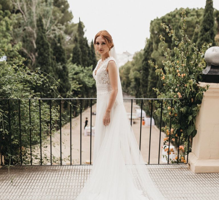 Bride in Pronovias Wedding Dress with Cathedral Length Veil