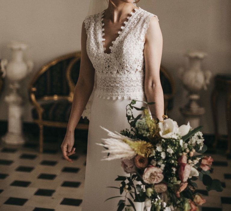 Beautiful Bride in Pronovias Wedding Dress with Lace Bodice