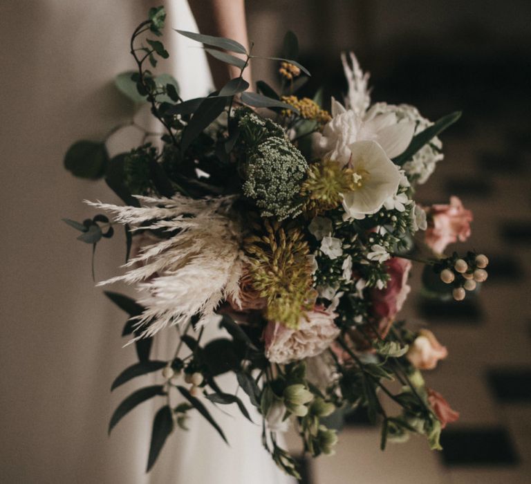 Bridal Bouquet with Peach Flowers, Foliage and Pampas Grass