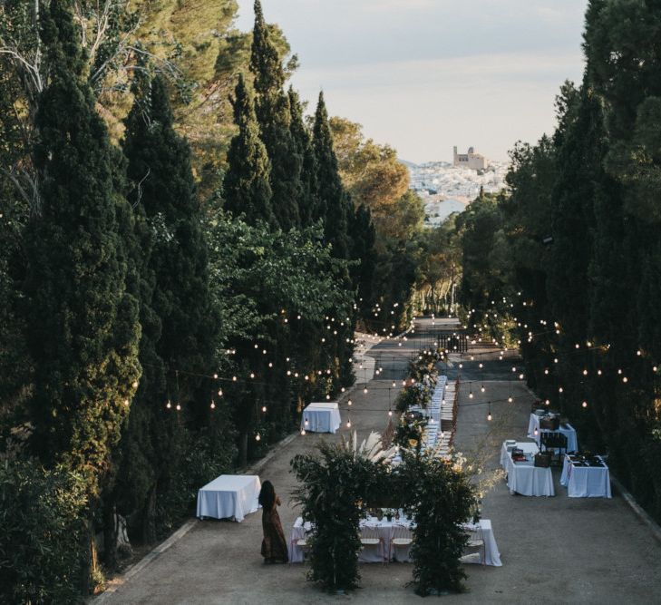 Outdoor Wedding Reception with Festoon Light Canopy