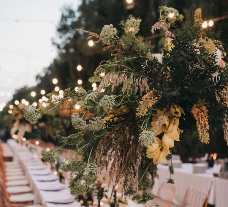 Hanging Floral Installation with Foliage, Pampas Grass and Lillies