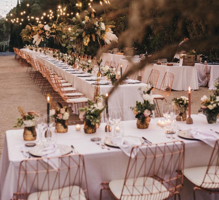 Stylish Wedding Reception Decor with Rose Gold Details and Peach Flowers