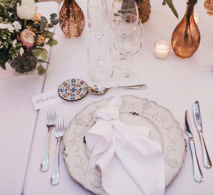 Place Setting with Ornate Tableware and Ceramic Tile Wedding Favour