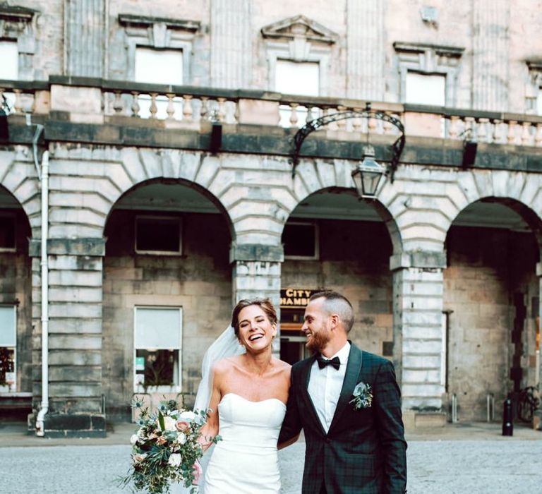 Stylish bride and groom at intimate Edinburgh elopement