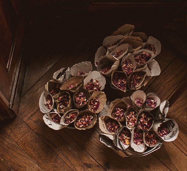 Newspaper Confetti Cones in Wicker Basket