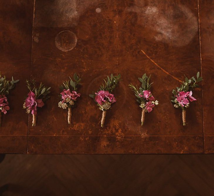 Pink Hydrangea and Foliage Buttonholes featured on escape to the chateau