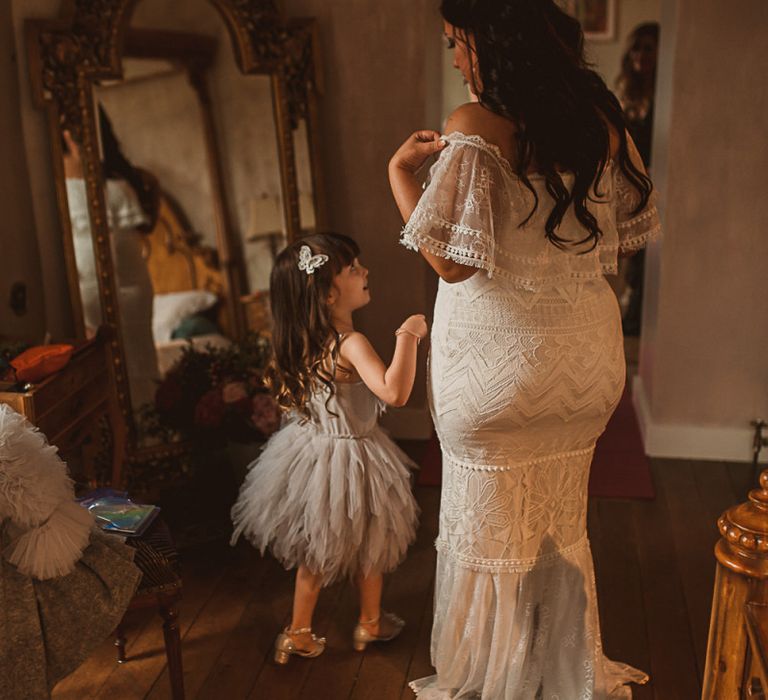 Bride in Emanuela Grace Loves Lace Off The Shoulder Wedding Dress and Daughter in a Tutu on the Wedding Morning