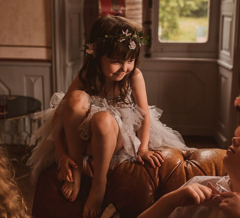 Little Flower Girl in Grey Tulle Tutu and Flower Crown