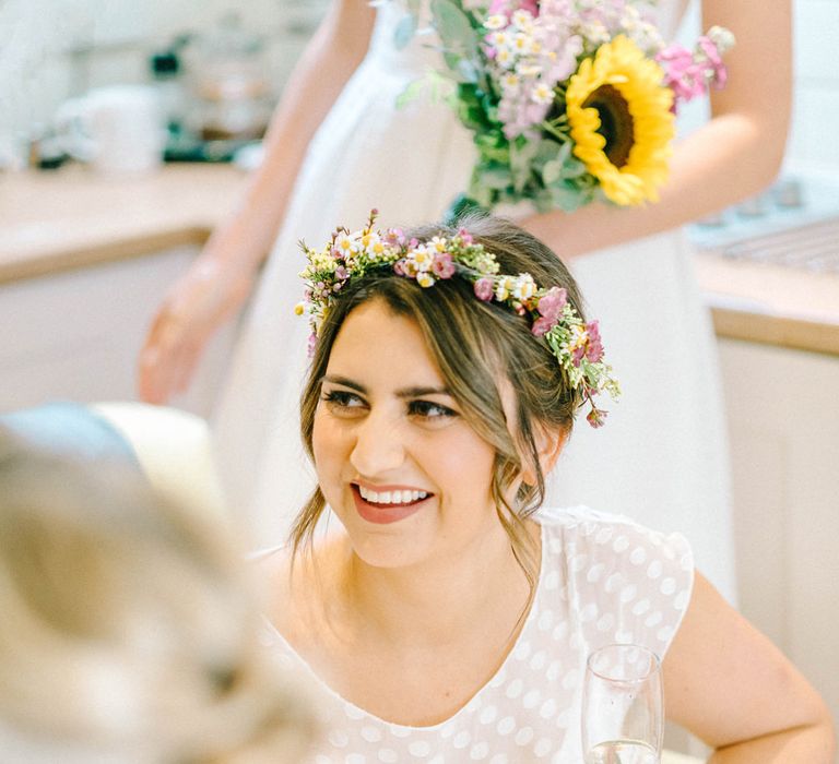 Bride in Chiffon Polka Dot Dress by Kate Halfpenny | Bride Wearing Flower Crown | Bridal Plaited Up Do | Colourful Paper Cranes &amp; Sunflower Wedding Décor in Rustic Barn | Sarah-Jane Ethan Photography