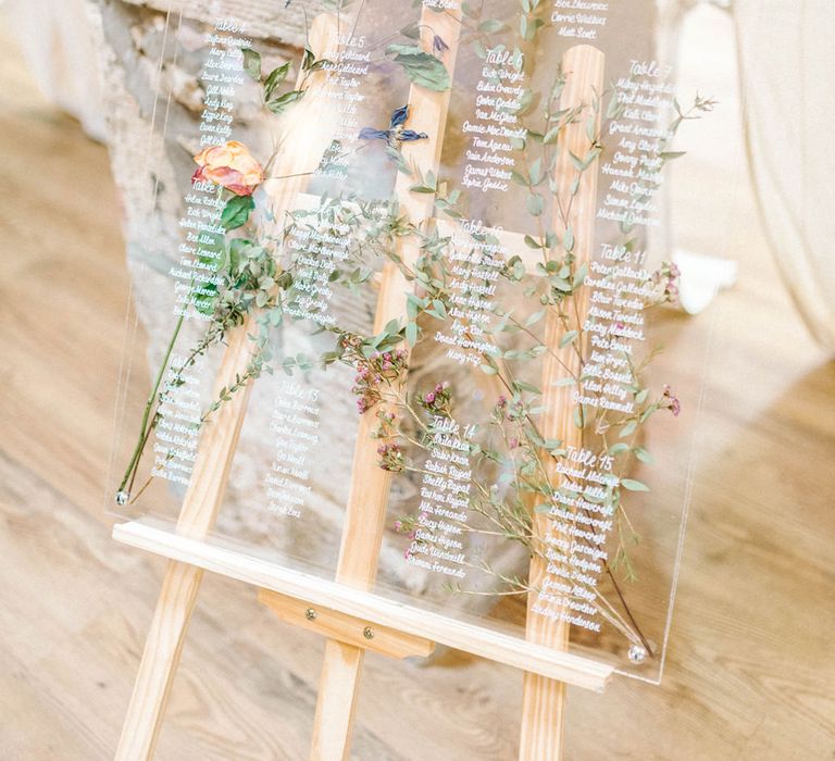 Acrylic Table Plan with Pressed Flowers | Colourful Paper Cranes &amp; Sunflower Wedding Décor in Rustic Barn | Sarah-Jane Ethan Photography