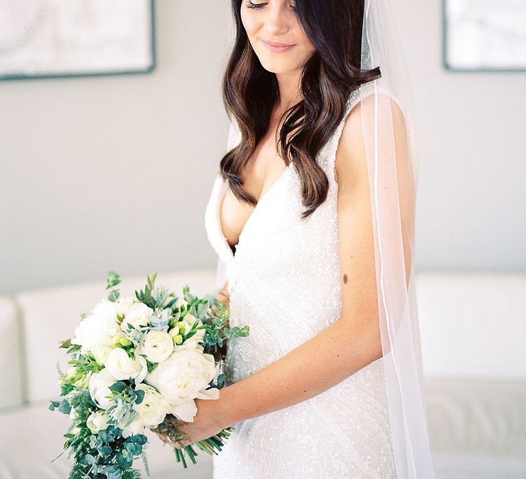 Wedding Morning Bridal Preparations | Bride in Bespoke Wedding Dress | Elegant White, Green &amp; Gold Wedding with Succulent &amp; Foliage Decor at ICA in London City | Kylee Yee Fine Art Photography