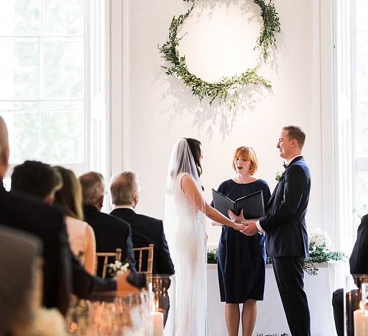 Wedding Ceremony | Bride in Bespoke Wedding Dress | Groom in Oscar Hunt Tuxedo | Elegant White, Green &amp; Gold Wedding with Succulent &amp; Foliage Decor at ICA in London City | Kylee Yee Fine Art Photography