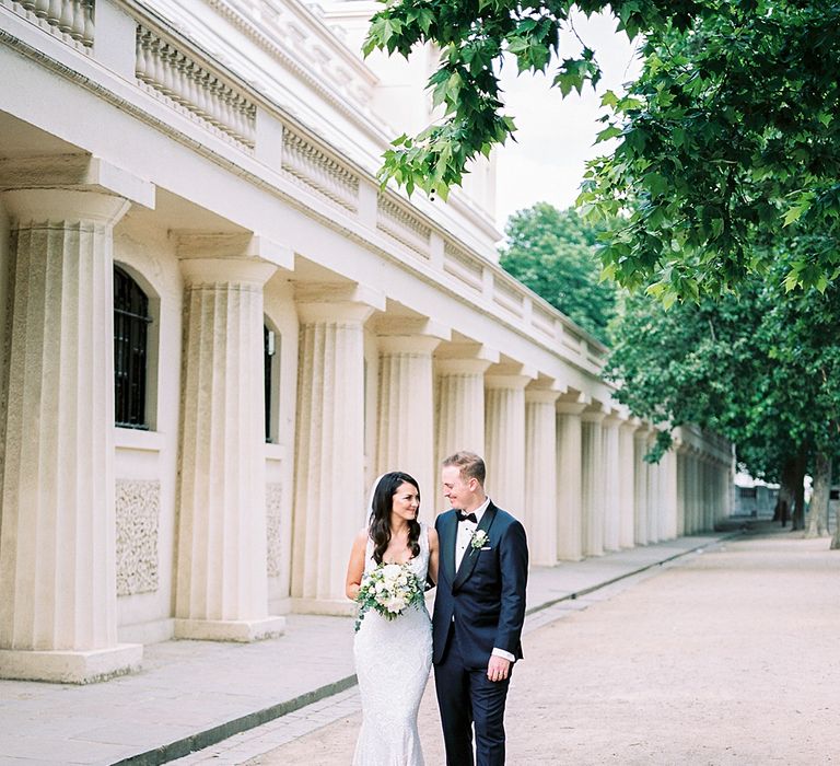 Bride in Bespoke Wedding Dress | Groom in Oscar Hunt Tuxedo | Elegant White, Green &amp; Gold Wedding with Succulent &amp; Foliage Decor at ICA in London City | Kylee Yee Fine Art Photography