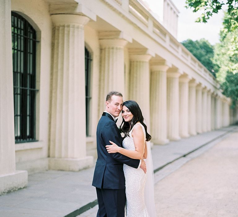 Bride in Bespoke Wedding Dress | Groom in Oscar Hunt Tuxedo | Elegant White, Green &amp; Gold Wedding with Succulent &amp; Foliage Decor at ICA in London City | Kylee Yee Fine Art Photography