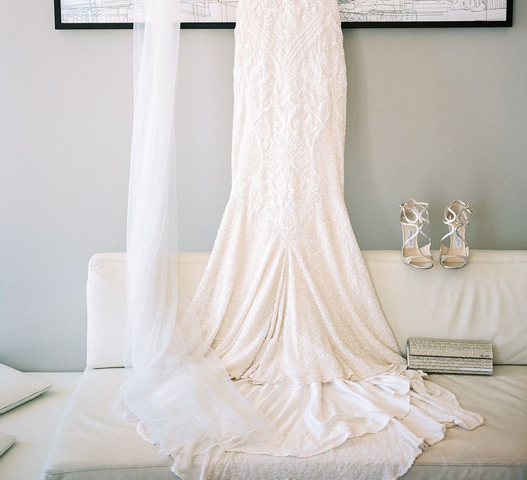 Wedding Morning Bridal Preparations | Bespoke Wedding Dress | Jimmy Choo Shoes | Elegant White, Green &amp; Gold Wedding with Succulent &amp; Foliage Decor at ICA in London City | Kylee Yee Fine Art Photography