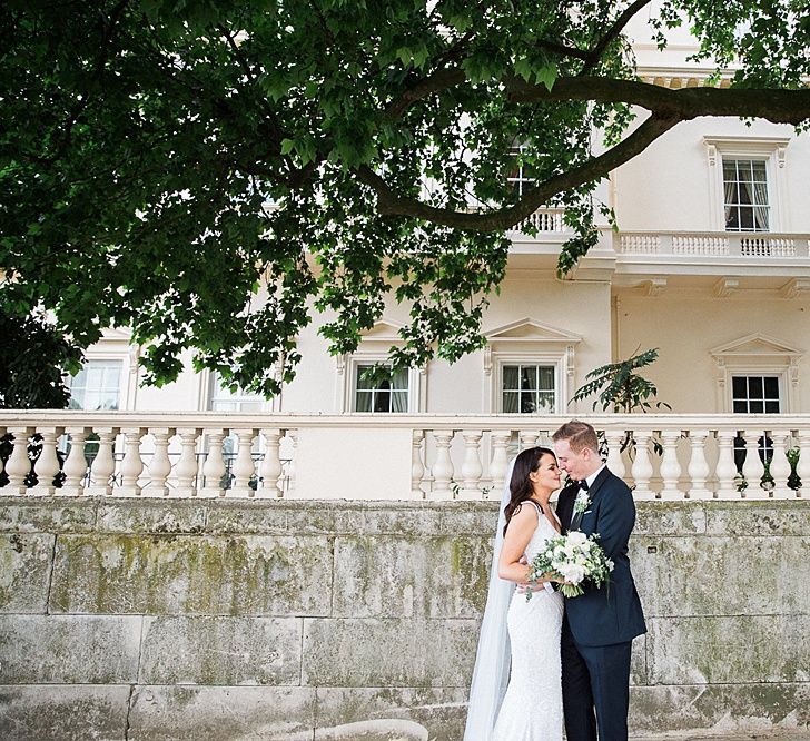 Bride in Bespoke Embellished Gown | Groom in Tuxedo | Elegant White, Green &amp; Gold Wedding with Succulent &amp; Foliage Decor at ICA in London City | Kylee Yee Fine Art Photography