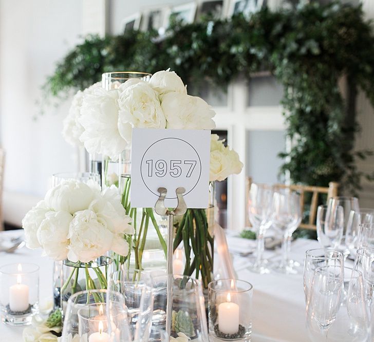 Year Table Names and White Peony Floral Centrepiece | Elegant White, Green &amp; Gold Wedding with Succulent &amp; Foliage Decor at ICA in London City | Kylee Yee Fine Art Photography