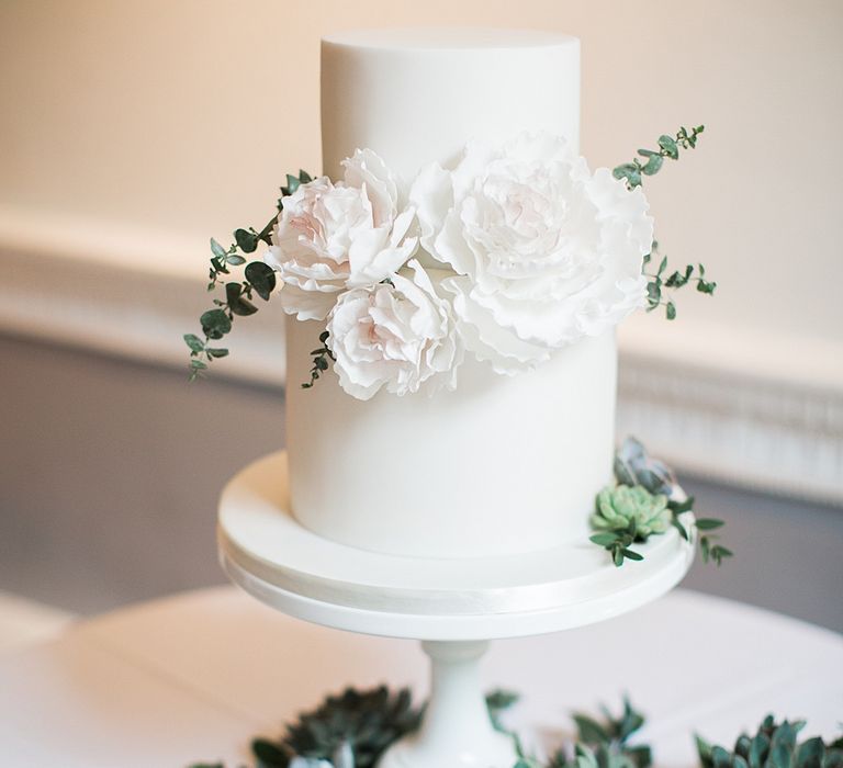 Elegant White Wedding Cake with Succulent Decor | Elegant White, Green &amp; Gold Wedding with Succulent &amp; Foliage Decor at ICA in London City | Kylee Yee Fine Art Photography