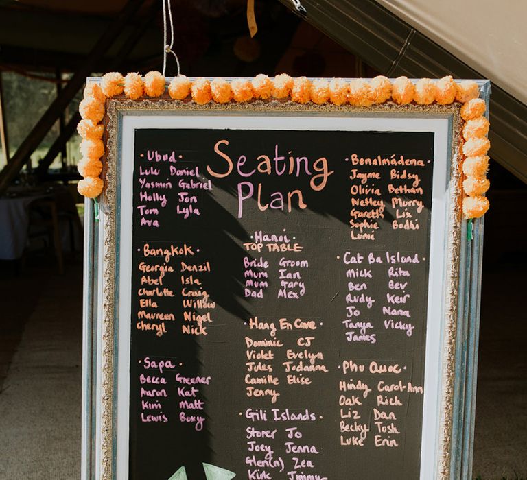 Chalkboard seating chart with bright decor