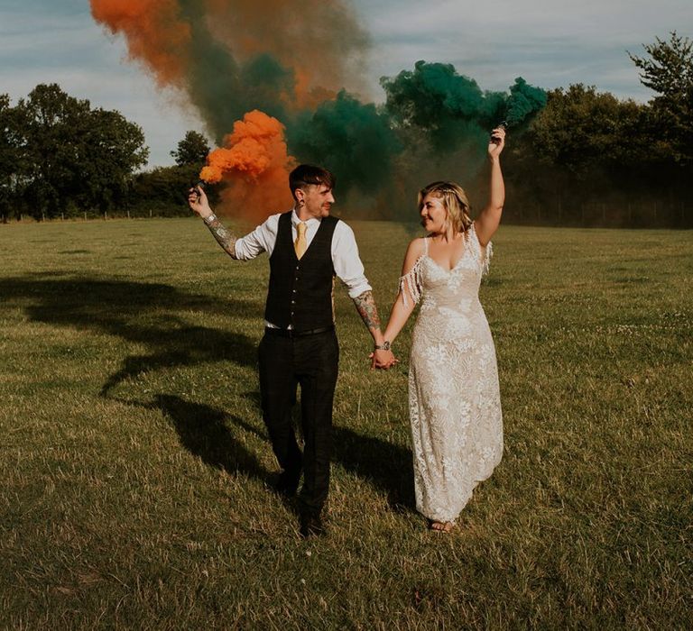 Bright smoke bomb wedding portraits