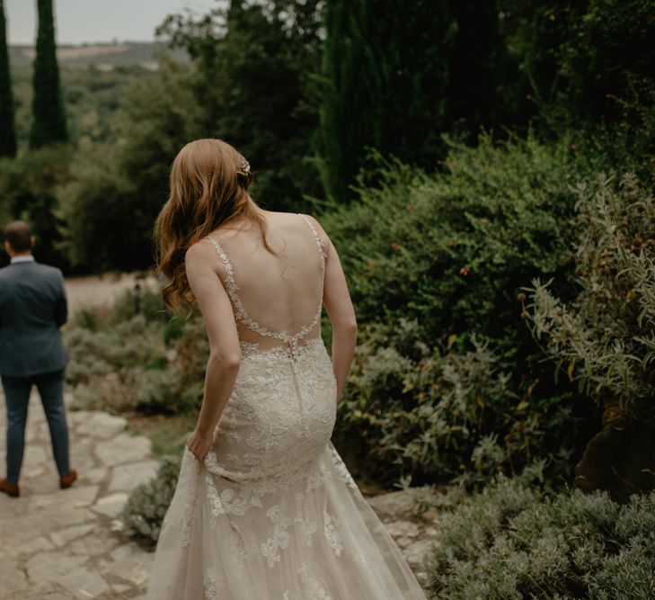 Bride and Groom First Look Moment with Bride in Lace Essense of Australia Bridal Gown